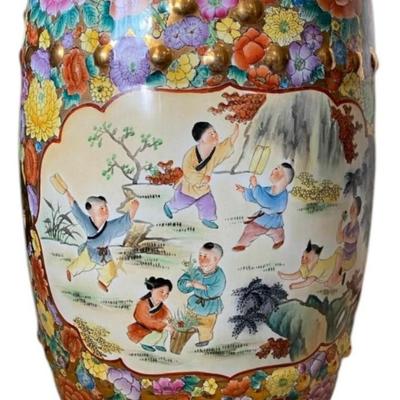Vintage Mille Fleur Hand Painted Garden Stool with Good Luck Gold Medallion Cutouts
