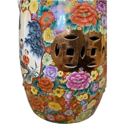 Vintage Mille Fleur Hand Painted Garden Stool with Good Luck Gold Medallion Cutouts