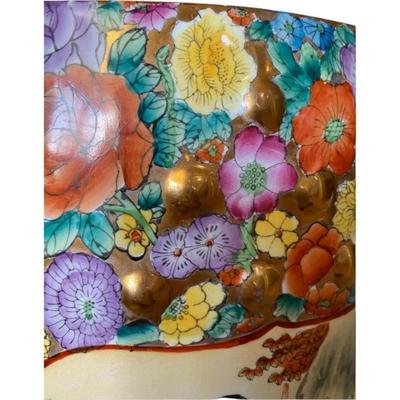 Vintage Mille Fleur Hand Painted Garden Stool with Good Luck Gold Medallion Cutouts