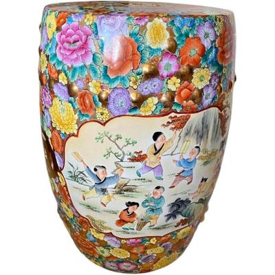 Vintage Mille Fleur Hand Painted Garden Stool with Good Luck Gold Medallion Cutouts