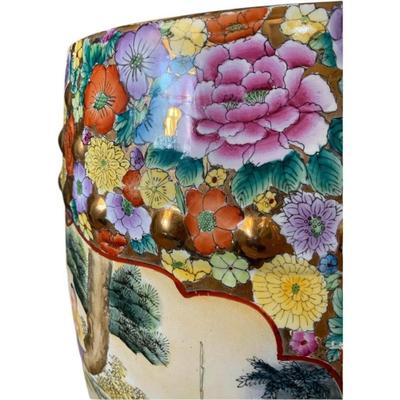 Vintage Mille Fleur Hand Painted Garden Stool with Good Luck Gold Medallion Cutouts