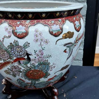 Asian Porcelain Fishbowl Flower Pot Planter With Wooden Stand