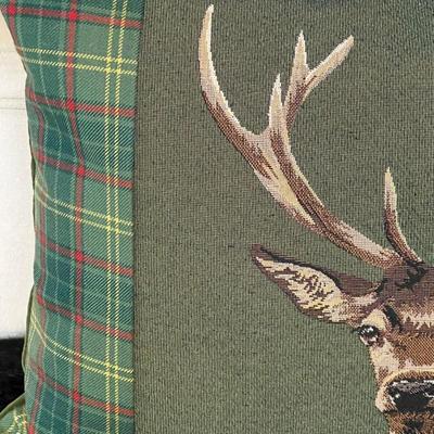Scottish Stag Red Tartan Cushion with Tartan Sides by Hines of Oxford, Christmas Decor Throw Pillow