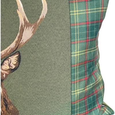 Scottish Stag Red Tartan Cushion with Tartan Sides by Hines of Oxford, Christmas Decor Throw Pillow