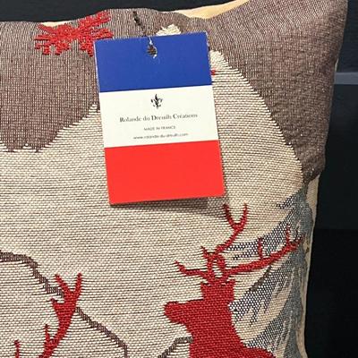 Luxury Tapestry Lumbar Pillow by Rolande Du Dreuilh French Designer -  Nude Reindeer Motif, Christmas Decorative Pillow
