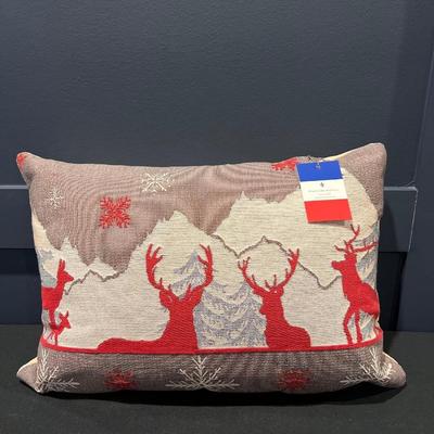 Luxury Tapestry Lumbar Pillow by Rolande Du Dreuilh French Designer -  Nude Reindeer Motif, Christmas Decorative Pillow