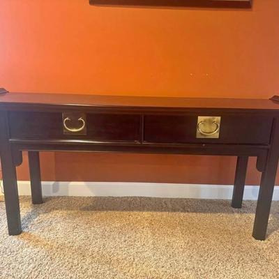 Mid 20th Century Century Chinoiserie Chinese Brown Lacquered Ebonized Low Console Sofa Table