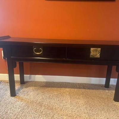 Mid 20th Century Century Chinoiserie Chinese Brown Lacquered Ebonized Low Console Sofa Table