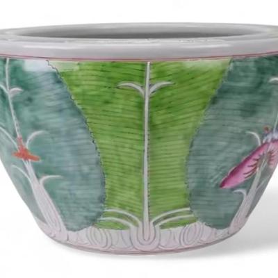 Hand-Painted Chinese Bok Choy Cabbage Leaf Ceramic Fish Bowl Planter, Jingdezhen Porcelain