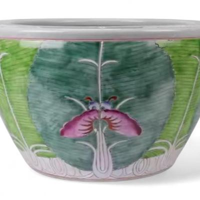 Hand-Painted Chinese Bok Choy Cabbage Leaf Ceramic Fish Bowl Planter, Jingdezhen Porcelain