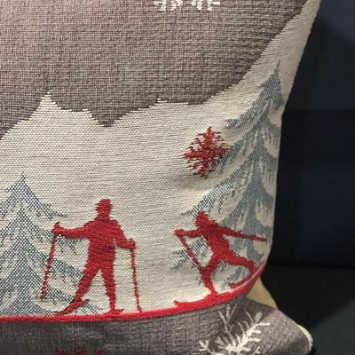 Luxury French Tapestry Lumbar Pillow by Rolande Du Dreuilh French Designer -  Nude Color Skiing Motif, Christmas Decor Pillow
