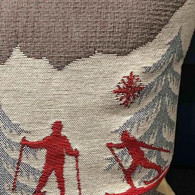 Luxury French Tapestry Lumbar Pillow by Rolande Du Dreuilh French Designer -  Nude Color Skiing Motif, Christmas Decor Pillow
