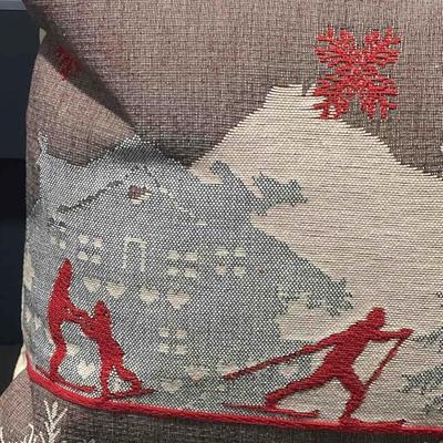 Luxury French Tapestry Lumbar Pillow by Rolande Du Dreuilh French Designer -  Nude Color Skiing Motif, Christmas Decor Pillow