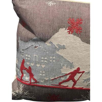 Luxury French Tapestry Lumbar Pillow by Rolande Du Dreuilh French Designer -  Nude Color Skiing Motif, Christmas Decor Pillow