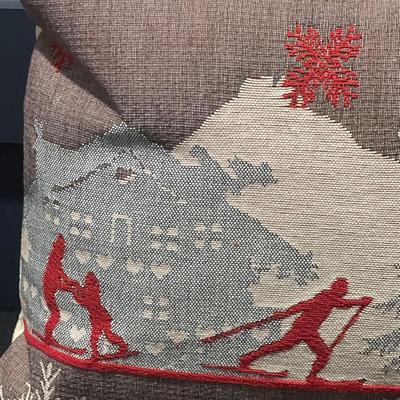 Luxury French Tapestry Lumbar Pillow by Rolande Du Dreuilh French Designer -  Nude Color Skiing Motif, Christmas Decor Pillow