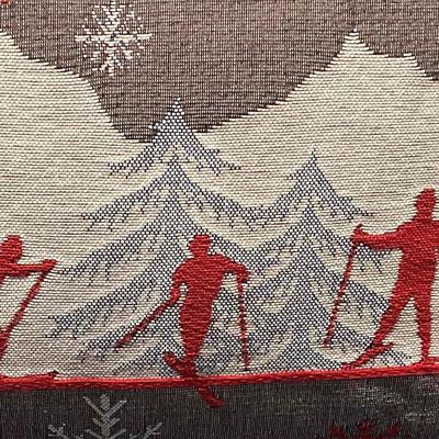 Luxury French Tapestry Lumbar Pillow by Rolande Du Dreuilh French Designer -  Nude Color Skiing Motif, Christmas Decor Pillow