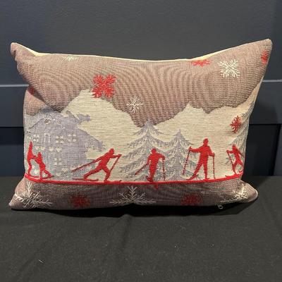Luxury French Tapestry Lumbar Pillow by Rolande Du Dreuilh French Designer -  Nude Color Skiing Motif, Christmas Decor Pillow