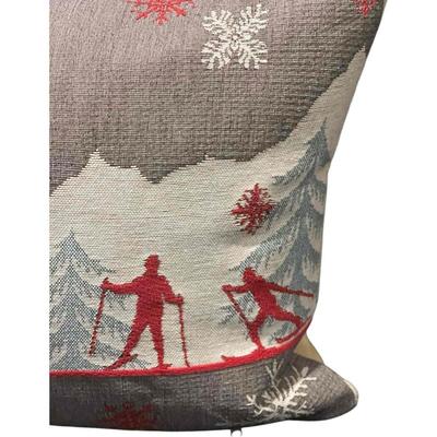Luxury French Tapestry Lumbar Pillow by Rolande Du Dreuilh French Designer -  Nude Color Skiing Motif, Christmas Decor Pillow