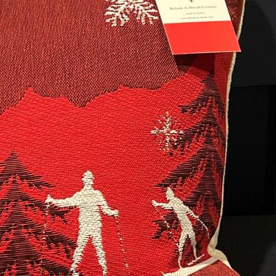 Luxury French Tapestry Lumbar Pillow by Rolande Du Dreuilh French Designer -  Red Color Skiing Motif, Christmas Decorative Pillow