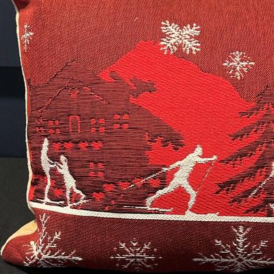 Luxury French Tapestry Lumbar Pillow by Rolande Du Dreuilh French Designer -  Red Color Skiing Motif, Christmas Decorative Pillow