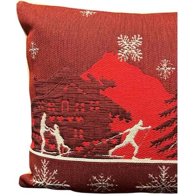 Luxury French Tapestry Lumbar Pillow by Rolande Du Dreuilh French Designer -  Red Color Skiing Motif, Christmas Decorative Pillow