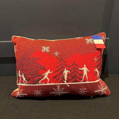 Luxury French Tapestry Lumbar Pillow by Rolande Du Dreuilh French Designer -  Red Color Skiing Motif, Christmas Decorative Pillow
