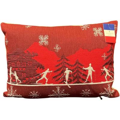 Luxury French Tapestry Lumbar Pillow by Rolande Du Dreuilh French Designer -  Red Color Skiing Motif, Christmas Decorative Pillow