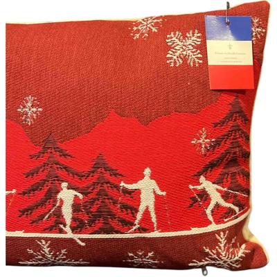 Luxury French Tapestry Lumbar Pillow by Rolande Du Dreuilh French Designer -  Red Color Skiing Motif, Christmas Decorative Pillow