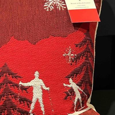Luxury French Tapestry Lumbar Pillow by Rolande Du Dreuilh French Designer -  Red Color Skiing Motif, Christmas Decorative Pillow