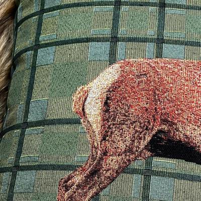 Luxury Cotton Tapestry Pillow with Faux Fur Back by Hines of Oxford -  Stag Green Plaid, Christmas Decorative Throw Pillow