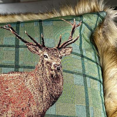 Luxury Cotton Tapestry Pillow with Faux Fur Back by Hines of Oxford -  Stag Green Plaid, Christmas Decorative Throw Pillow
