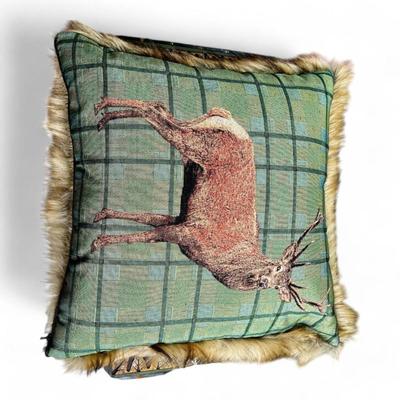 Luxury Cotton Tapestry Pillow with Faux Fur Back by Hines of Oxford -  Stag Green Plaid, Christmas Decorative Throw Pillow