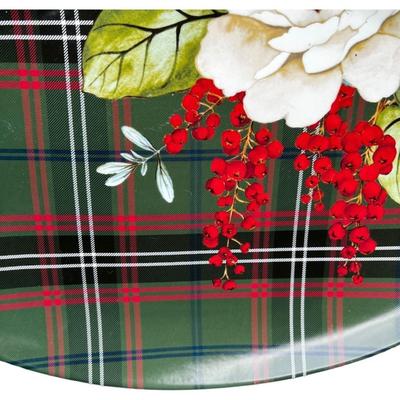 Williams Sonoma Porcelain Holiday Serving Platter ““ Magnolia & Berries with Festive Plaid Design