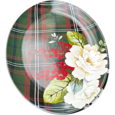 Williams Sonoma Porcelain Holiday Serving Platter ““ Magnolia & Berries with Festive Plaid Design