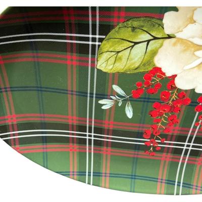 Williams Sonoma Porcelain Holiday Serving Platter ““ Magnolia & Berries with Festive Plaid Design