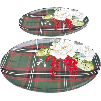 Williams Sonoma Porcelain Holiday Serving Platter ““ Magnolia & Berries with Festive Plaid Design