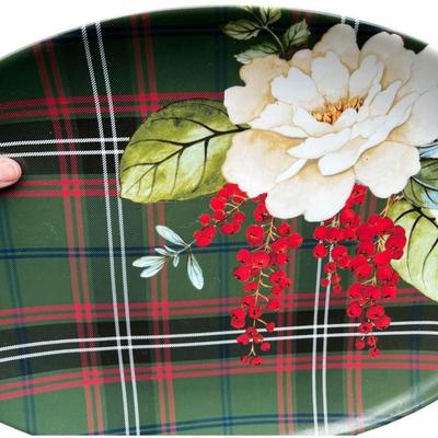Williams Sonoma Porcelain Holiday Serving Platter ““ Magnolia & Berries with Festive Plaid Design