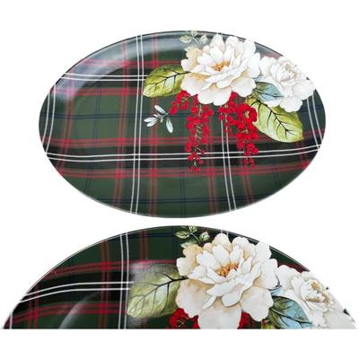 Williams Sonoma Porcelain Holiday Serving Platter ““ Magnolia & Berries with Festive Plaid Design