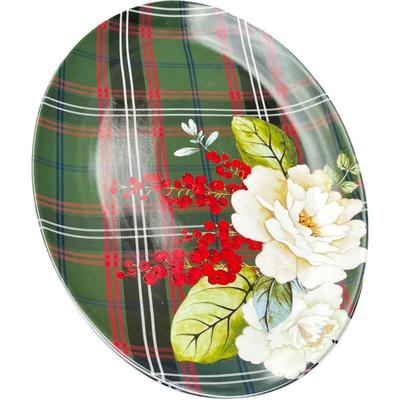Williams Sonoma Porcelain Holiday Serving Platter ““ Magnolia & Berries with Festive Plaid Design