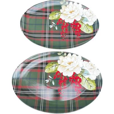 Williams Sonoma Porcelain Holiday Serving Platter ““ Magnolia & Berries with Festive Plaid Design