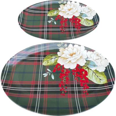 Williams Sonoma Porcelain Holiday Serving Platter ““ Magnolia & Berries with Festive Plaid Design