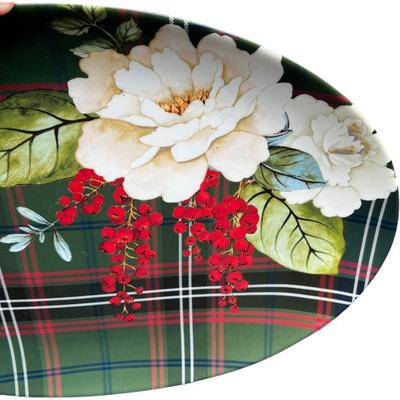 Williams Sonoma Porcelain Holiday Serving Platter ““ Magnolia & Berries with Festive Plaid Design