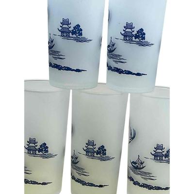 Vintage Set of 6 Blue Willow Drinking Glasses Frosted Glass