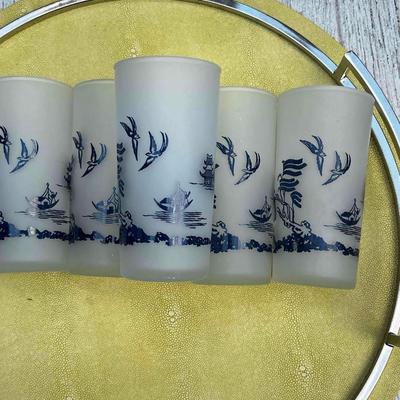 Vintage Set of 6 Blue Willow Drinking Glasses Frosted Glass
