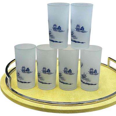 Vintage Set of 6 Blue Willow Drinking Glasses Frosted Glass