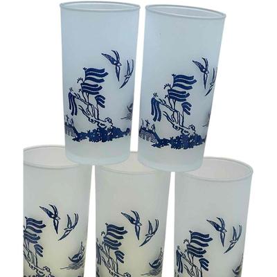 Vintage Set of 6 Blue Willow Drinking Glasses Frosted Glass