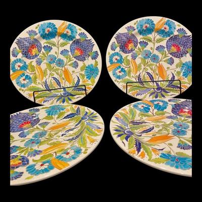 Williams Sonoma Iznik Tile "Blue & Green Floral" Melamine Dinner Plates Dinnerware, Set of 4, New