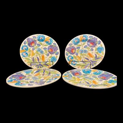 Williams Sonoma Iznik Tile "Blue & Green Floral" Melamine Dinner Plates Dinnerware, Set of 4, New