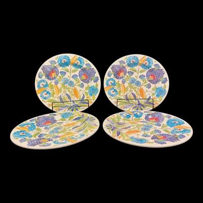 Williams Sonoma Iznik Tile "Blue & Green Floral" Melamine Dinner Plates Dinnerware, Set of 4, New