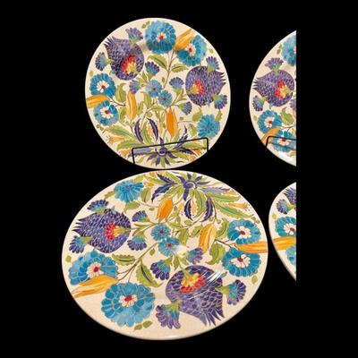 Williams Sonoma Iznik Tile "Blue & Green Floral" Melamine Dinner Plates Dinnerware, Set of 4, New